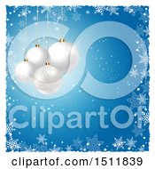 Clipart Of A Christmas Background With 3d White Ornaments Over Blue With A White Snowflake Border Royalty Free Vector Illustration