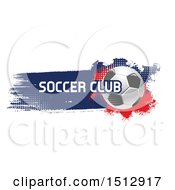 Clipart Of A Soccer Ball And Grungy Flag Banner With Text Royalty Free Vector Illustration