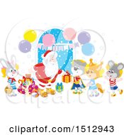 Poster, Art Print Of Group Of Animal Children Visiting Santa And Receiving Christmas Gifts