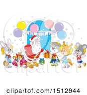 Poster, Art Print Of Cartoon Group Of Animal Children Visiting Santa Claus And Receiving Christmas Gifts