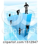 Poster, Art Print Of 3d Blue Bar Graph With Silhouetted Business Men Competing To Reach The Top