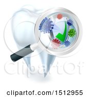 Clipart Of A 3d Magnifying Glass Discovering Germs Or Bacteria On A Tooth Royalty Free Vector Illustration by AtStockIllustration