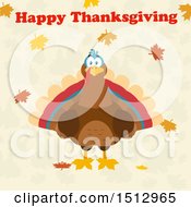 Clipart Of A Happy Thanksgiving Greeting Over A Turkey Bird And Falling Leaves Royalty Free Vector Illustration