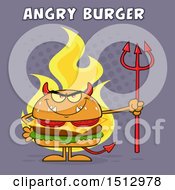 Clipart Of A Flaming Devil Cheeseburger Mascot Holding A Trident With Angry Burger Text Over Purple Royalty Free Vector Illustration