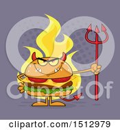 Clipart Of A Flaming Devil Cheeseburger Mascot Holding A Trident Over Purple Royalty Free Vector Illustration