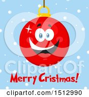 Poster, Art Print Of Merry Christmas Greeting And Happy Red Bauble Ornament Mascot Character Over Snow