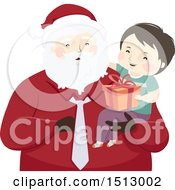 Clipart Of A Christmas Santa Claus Holding A Boy With A Gift Royalty Free Vector Illustration