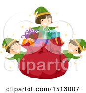 Poster, Art Print Of Group Of Christmas Elf Kids Around Santas Sack
