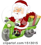 Clipart Of A Christmas Santa Claus Delivering A Gift On A Scooter Royalty Free Vector Illustration