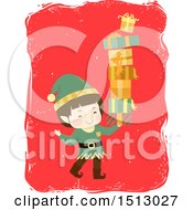 Poster, Art Print Of Boy Christmas Elf With A Tower Of Gifts