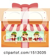 Poster, Art Print Of Group Of Christmas Elf Kids In A Gift Wrapping Stand