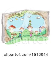 Poster, Art Print Of Sketched Group Of Kid Dwarves Playing Around A Book