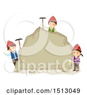 Poster, Art Print Of Group Of Dwarf Kids Holding Picks And A Lantern Around A Boulder