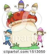 Poster, Art Print Of Sketched Group Of Kid Dwarfs With A Giant Mushroom