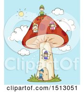 Clipart Of A Sketched Group Of Kid Dwarfs Playing On A Giant Mushroom Royalty Free Vector Illustration