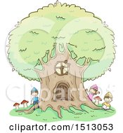 Clipart Of A Sketched Group Of Kid Dwarfs Playing Around A Tree House Royalty Free Vector Illustration