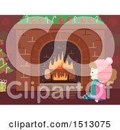 Poster, Art Print Of Happy Girl Sitting In Front Of A Christmas Fireplace With A Log Log