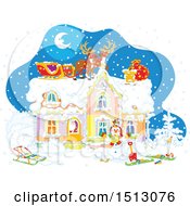 Poster, Art Print Of Snowy Christmas Eve Night With Santa In A Home And Reindeer And A Sleigh On The Roof