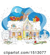 Poster, Art Print Of Snowy Christmas Eve Night With Santa Claus In A Home And Reindeer And A Sleigh On The Roof