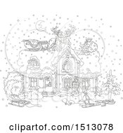 Poster, Art Print Of Black And White Snowy Christmas Eve Night With Santa In A Home And Reindeer And A Sleigh On The Roof