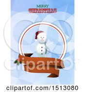 Poster, Art Print Of Merry Christmas Greeting With A Waving Snowman And Banners Over Geometric