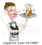 Cartoon Caucasian Male Waiter Pointing And Holding A Kebab Sandwich On A Tray