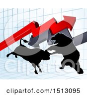 Silhouetted Bear Vs Bull Stock Market Design With Arrows Over A Graph