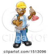 Clipart Of A Full Length Happy Black Male Plumber Holding A Plunger And Giving A Thumb Up Royalty Free Vector Illustration