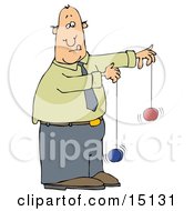 Poster, Art Print Of Focused Businessman In A Green Shirt Blue Tie And Blue Pants Trying To Use Two Yo-Yos At The Same Time
