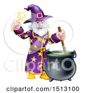Poster, Art Print Of Happy Old Bearded Wizard Mixing A Potion And Holding A Wand