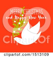 Poster, Art Print Of Merry Christmas And Happy New Year Greeting With A Dove And Branch On Red
