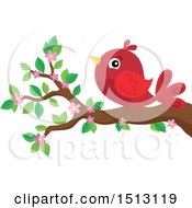 Clipart Of A Red Bird Perched On A Spring Blossom Branch Royalty Free Vector Illustration