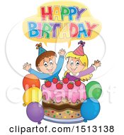 Poster, Art Print Of Happy Birthday Greeting Over A Boy And Girl Celebrating At A Birthday Party With Balloons And A Cake