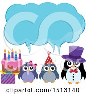 Poster, Art Print Of Penguin Family With A Birthday Gift And Cake Under An Ice Speech Balloon