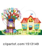 Poster, Art Print Of Teacher Owl In An Alphabet Letter Tree And Students Near A School House