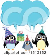 Clipart Of A Penguin Family With A Christmas Gift Under An Ice Speech Balloon Royalty Free Vector Illustration