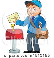 Poster, Art Print Of Happy Mail Man Holding An Envelope Over A Mailbox