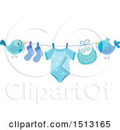 Poster, Art Print Of Pair Of Birds Holding A Clothesline With A Blue Baby Boy Onesie Socks And Bib