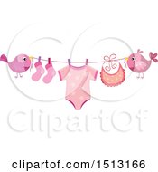 Clipart Of A Pair Of Birds Holding A Clothesline With A Pink Baby Girl Onesie Socks And Bib Royalty Free Vector Illustration