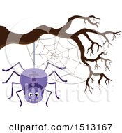 Clipart Of A Purple Spider And Web Hanging From A Bare Tree Branch Royalty Free Vector Illustration