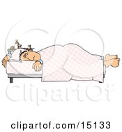 Ill Man Lying On A Hospital Bed Near A Table Of Medicine Clipart Graphic