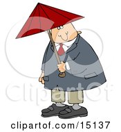 Caucasian Businessman In A Red Tie Blue Jacket And Tan Pants Holding A Red Umbrella And Looking Both Ways Before Crossing A Street
