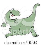 Goofy Green Dinosaur Running And Looking Back Over His Shoulder While Playing A Game Of Tag Or Chase