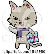 Cartoon Hissing Cat With Christmas Present