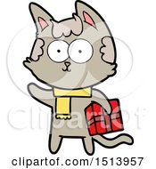 Happy Cartoon Cat With Christmas Present