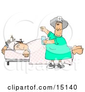 Ill Man Lying On A Hospital Bed Near A Table Of Medicine While A Friendly Nurse Hands Him A Pill And A Glass Of Water For Treatment Clipart Graphic