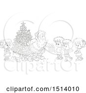 Poster, Art Print Of Lineart Group Of Children Receiving Christmas Gifts From Santa By A Tree
