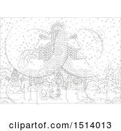 Clipart Of A Lineart Christmas Santa By A House On A Winter Night Royalty Free Vector Illustration