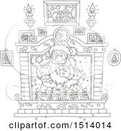 Clipart Of A Lineart Christmas Santa Holding A Sack In A Fireplace Royalty Free Vector Illustration