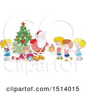 Poster, Art Print Of Group Of Children Receiving Christmas Gifts From Santa By A Tree